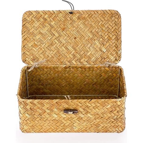 Bacs de rangement en osier tissé avec couvercle - Caramels en jonc de mer naturel (S, 23 x 13 x 9,5 cm)