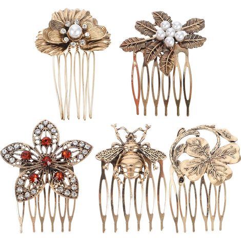 Juego de 5 peinetas, aleación de metal, perlas de imitación de diamantes de imitación, estilo dorado retro, adecuadas para uso diario, bodas, mujeres y niños. (1/5)