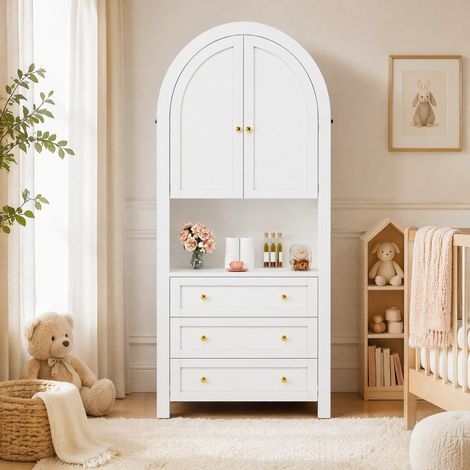 Mueble alto de almacenaje 70 x 35 x 180 cm, 3 cajones, puertas y nicho abierto blanco HAVRYA (1/5)