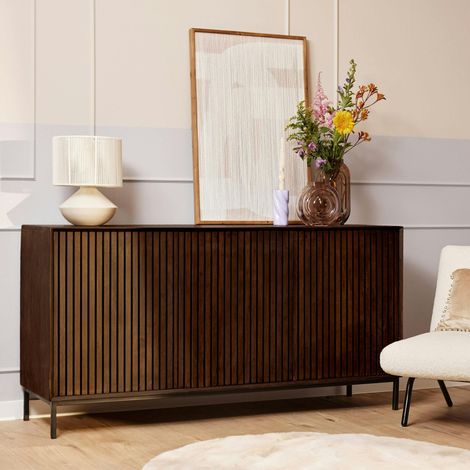 Buffet vintage bois brun 3 portes rainurées CORTINA (1/5)