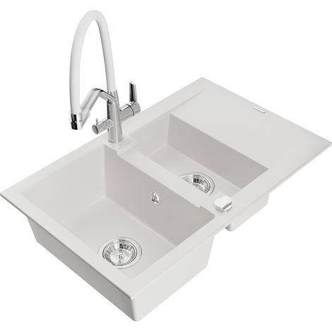 Mexen Gaspar lavello in granito 1,5 vasche con gocciolatoio e rubinetto da cucina Duo, bianco - 6507-20-671701-02 (1/5)