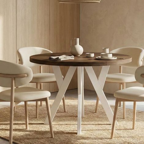 Table de salle à manger ronde extensible PERO, style loft, scandinave, diamètre : 90 / 190 cm, couleur : Franklin noyer / blanc (1/5)