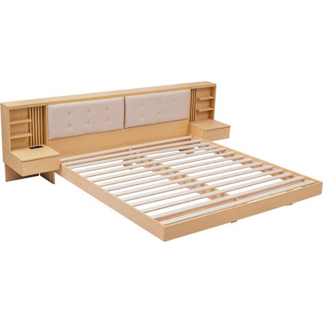 Lit flottant 180x200 cm avec tête de lit de rangement, étagères, tiroirs et prise USB, bois clair, design moderne gain de place pour chambre adulte – CHICFURN (1/5)