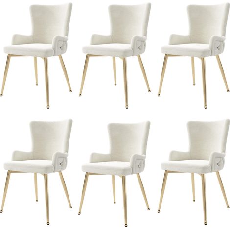 Juego de 6 sillas de comedor minimalistas modernas de terciopelo beige con cuatro patas de metal dorado, ideales para oficina en casa, sala de estar y dormitorio. (1/5)