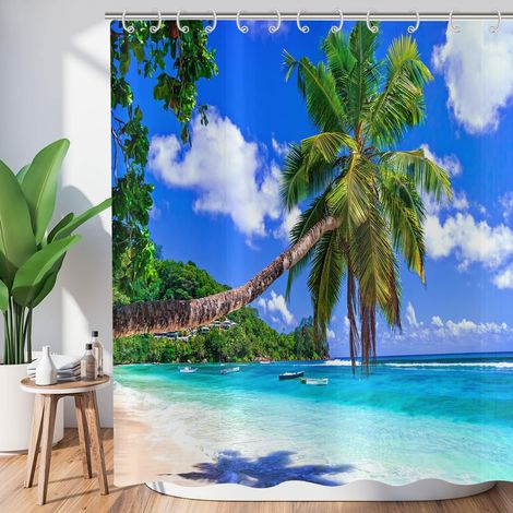Rideau de Douche Palmiers Plage 180x180 cm, Bord de mer d'été Ciel Bleu Plantes Tropicales Rideaux de Douche Lavable Textile Rideau Douche imperméable pour Baignoire avec 12 Crochets (1/5)