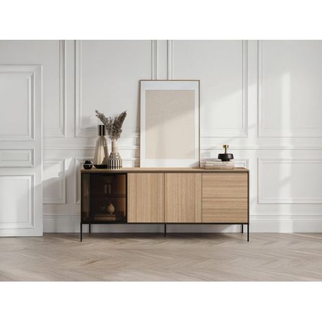 BOBOCHIC - Buffet 3 portes 2 tiroirs 200 cm VERONA effet chêne et verre fumé avec LEDS (1/5)