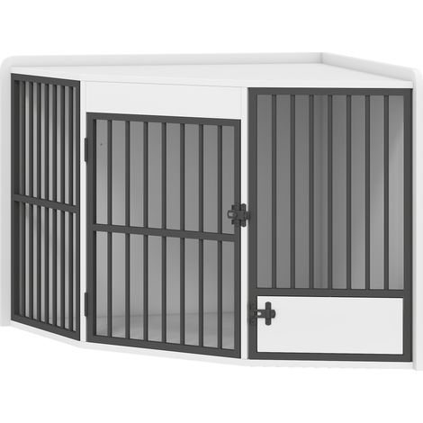 Cage pour chien, niche pour chiens de petite et moyenne taille, cage de transport, porte pour gamelle, MDF, métal, blanc