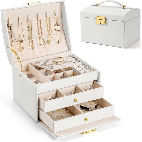Boite a Bijoux,Rangement Bijoux Boite a Bijoux Femme,Boite a Bijoux de Voyage à 3 Couches en Cuir Imperméable,avec 2 tiroirs, avec serrure et clé, pour Bagues,Boucles,Colliers,Bracelets (1/5)