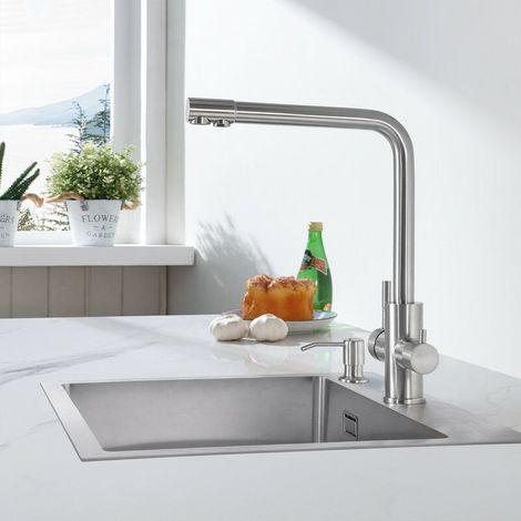 Grifo de cocina de 3 vías, mezclador para fregadero con dos salidas de agua: agua filtrada y agua caliente/fría - Caño giratorio de 360° en acero inoxidable 304 cepillado (1/4)
