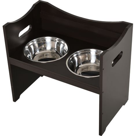 Estación elevada para perros y gatos con 2 cuencos inox, MDF, marrón oscuro, 54x31,5x47 cm (1/5)