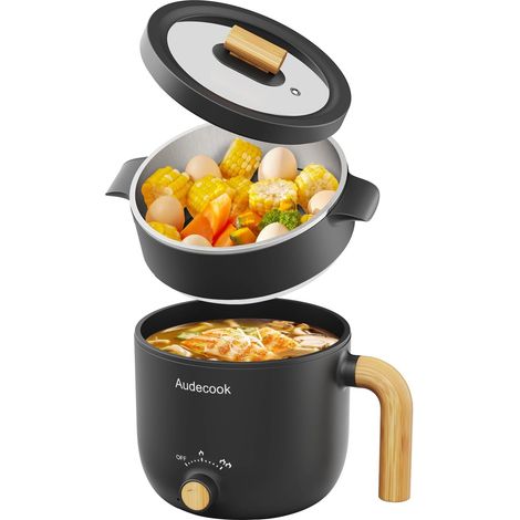 Hot Pot électrique avec Cuiseur à Vapeur, 1.5L Portable PoêLe Multifonction, Pour Nouilles/PâTes/œUfs/Soupe/Steak (Noir) (1/5)