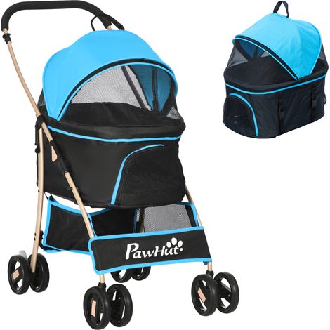 Poussette pliante 2 en 1 convertible en cage transport, 2 laisses, 82x49,5 x 98 cm, acier et tissu Oxford, bleu clair noir, coussin