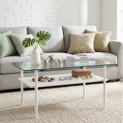 Tavolino da salotto 2 livelli, piano in vetro, ripiano MDF, metallo bianco 98x58x45 cm (1/5)