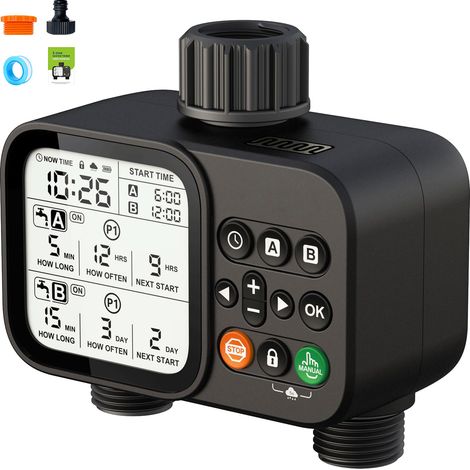 1 Programmateur d'arrosage, 2 sorties, 8 programmes, détection pluie, modes manuel et automatique, écran LCD, pour jardin et pelouse (1/5)