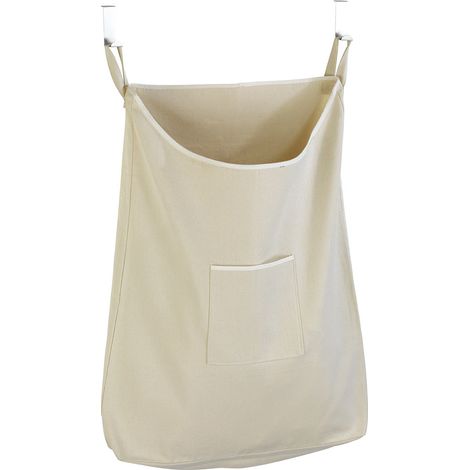 Wenko – Panier à linge suspendu 65L en coton – Crochets acier inox pour portes 2/4cm – Dimensions 52x81x10cm – Poche de rangement incluse (1/7)