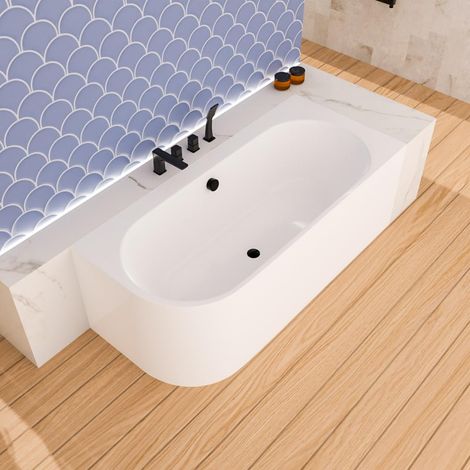 ECOLAM Baignoire autoportante Vigoo version gauche ou droite  montage mural  siphon click-clack  set complet (siphon noir, 165x75 cm droite) (1/3)