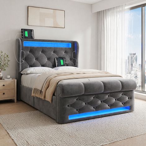 Letto contenitore singolo 90x200 cm con sollevamento idraulico, LED, USB e Type-C, in velluto grigio, senza materasso (1/5)