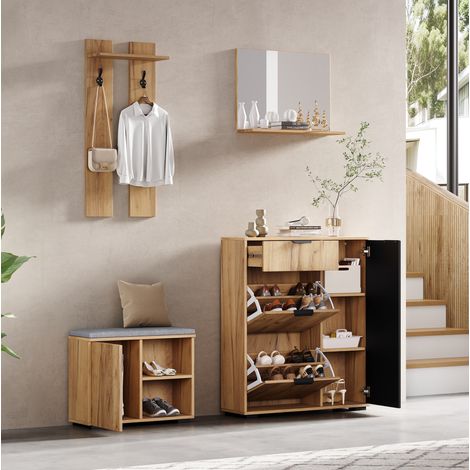 Mueble de entrada con banco zapatero, espejo, 4 puertas, 2 ganchos, natural y negro HAVRYA (1/5)