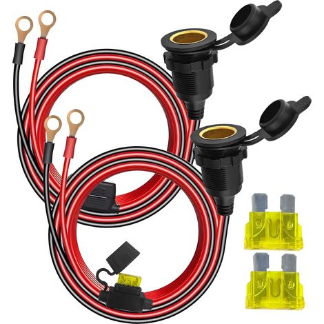 Lot de 2 Prise 12V Allume Cigare Femelle, 24V Prise Allume Cigare Étanches avec Borne à Œillet Annulaire de 8mm et Fusible 20A, Cable de Extensión Compatible avec Voiture Moto Bateau Camping Car (1/5)