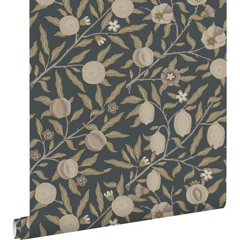 papier peint des fruits et des feuilles exotiques bleu foncé et taupe  - ESTAhome (1/5)