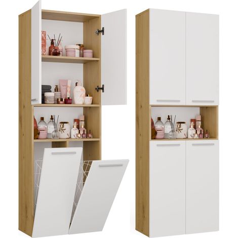 NEL 2k dk mobile bagno - 3 mensole, 2 cesto portabiancheria - 60x174x30 cm - rovere artisan bianco (1/5)