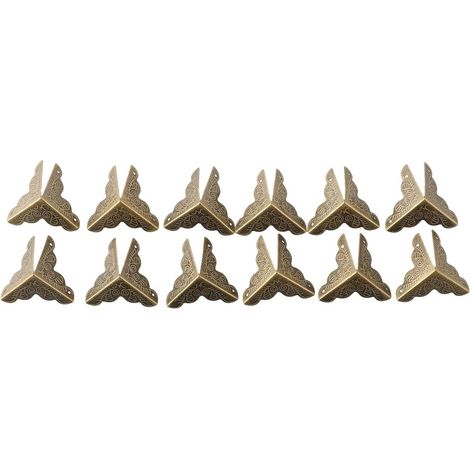 Set of 12 antique bronze corner brackets for furniture boxes – Decorative L-shaped metal corner supports with screws for chests, frames, photo albums, 36 mm (1/5)