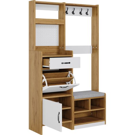 Mueble recibidor con zapatero, banco y perchero, blanco y roble, 108,5 x 35 x 180 cm (1/5)