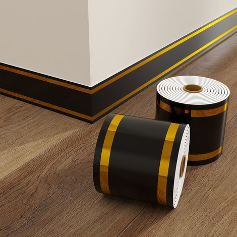 Plinthe adhésive - Plinthe auto-adhésive - Bande de finition étanche - Plinthe murale flexible - Plinthe en PVC avec support en aluminium - Noir et or - 10 cm x 5 m (1/5)