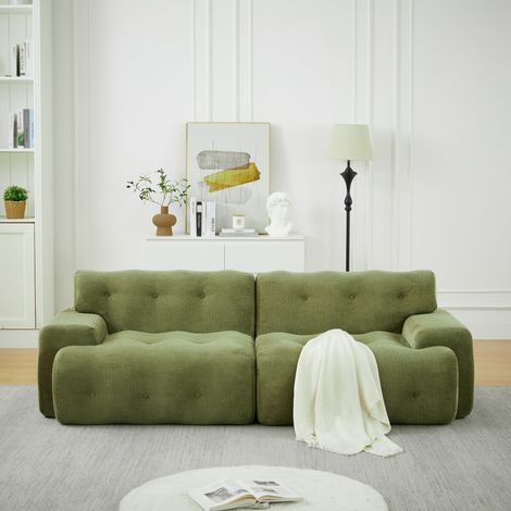 Canapé cloud, 2 places surdimensionnées – larges accoudoirs et design moderne avec détails capitonnés. Canapé incurvé. Livré monté. Chenille. Vert.