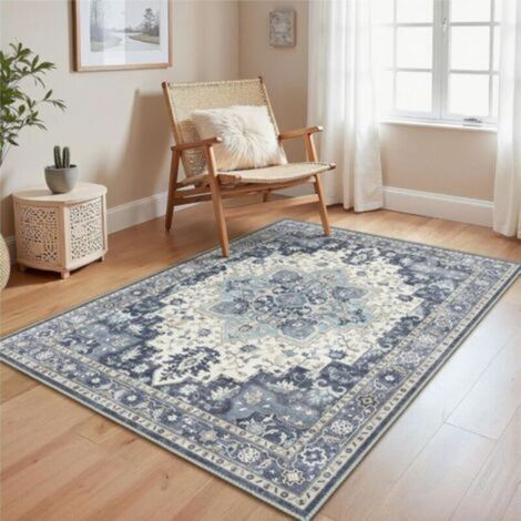 1 tapis de salon vintage bleu foncé, 80 x 120 cm, envers antidérapant, lavable, poils ras, convient pour cuisines, salles à manger, bureaux et chambres (1/5)
