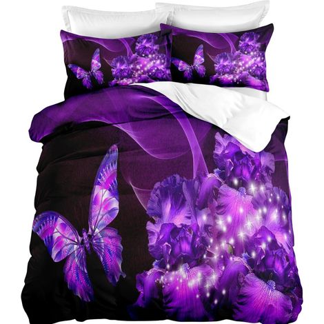 Parure de lit 220x240cm 2 personnes Papillon et fleurs violettes 3D effet 3 pieces 1 housse de couette avec 2 taies d'oreillers 63x63cm (1/4)