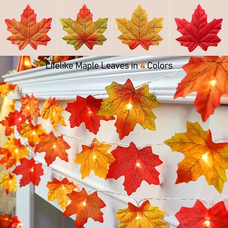 Lot de 4, Guirlandes Feuilles d'Érable, 40 Pieds Total, 80 LED, Alimentation Piles Décoration Automnale Intérieur/extérieur, Jaune, Remplacez la source selon les indications du fabricant en fin de vie (1/5)