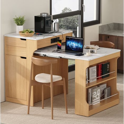 Ausziehbarer Esstisch 55x80x93 cm, mit Steckdosen, Schubladen und Stauraum, MDF und Glas, Natur (1/5)