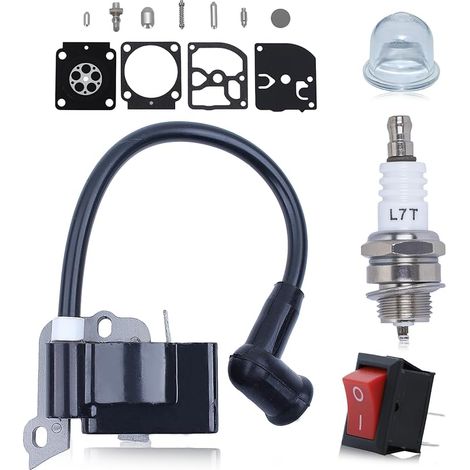 Bobine d'allumage pour Stihl FS38 FC55 FS45 FS46 FS55 HL45 HS45 KM55, avec Kit de réparation de Carburateur, Bougie d'allumage, Bulle d'huile, Interrupteur Universel pour Tronçonneuse (1/5)