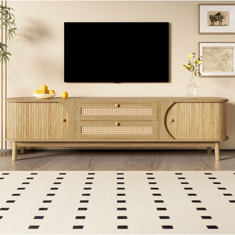 Mobile TV 170x39,5x46 cm in MDF naturale con 2 ante in legno massello e 2 cassetti in rattan (1/5)