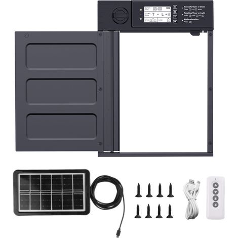 Porte Poulailler Automatique Solaire- Etanche IP45 - Écran LCD, Porte Automatique Poulailler en Aluminium avec Capteur de Lumière, Minuterie, Fonction Anti-pincement (1/5)