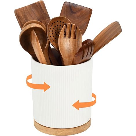 Grand pot à ustensiles de cuisine rotatif à 360° en céramique – 15 x 20 cm – Organiseur de comptoir pour ustensiles de cuisine, panier à couverts, cuillères et spatules (céramique blanche) (1/5)