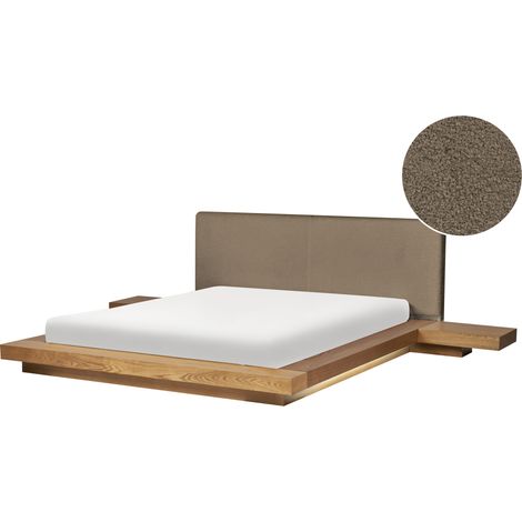 Cama LED moderna con plataforma mesitas de noche cabecero de bouclé madera de fresno natural 160 x 200 cm Zen (1/5)