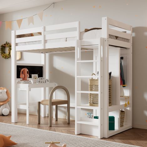 Letto rialzato 90x200 cm con scrivania, lavagna nera e vano portaoggetti, in legno bianco, materasso non incluso (1/5)