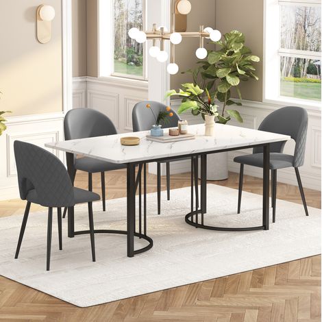 Conjunto de mesa de comedor 140 x 80 cm con 4 sillas, MDF efecto mármol blanco gris DESVIAE (1/5)