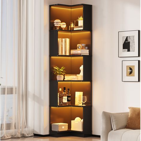 63.5 x 45 x 175cm Eckbücherregal, Multifunktionsbücherregal, L-förmiges Bücherregal, LED-Farbwechsel-Lichtleiste, App-Steuerung, fünfschichtiger Stauraum,Schwarz (1/5)