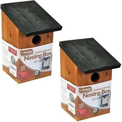 2x Wooden Bird House Nest Box Garden Birdhouse Nesting Boxes With Green Hinged Roof (1/5)