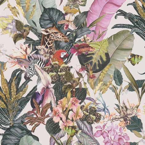 Papier peint nature sur fond crème Tapisserie florale multicolore avec animaux Papier peint style exotique idéal pour salon (1/4)