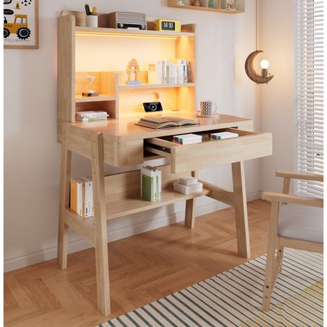 REDOM - Escritorio infantil - 84x60x127.5 cm - tablero regulable en altura - LED y puertos USB - cajón y estantes - madera natural