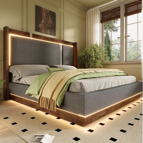 Lit double 160x200 cm en lin gris avec LED et coffre, gain de place chambre – MEUBLIV (1/5)