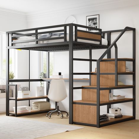 lit adulte mezzanine rangement bureau 140x200 métal OKMYHOME (1/5)
