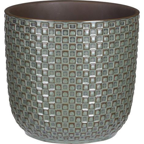Cache-pot d'Intérieur Vert avec Motif Carré et Finition Brillante Ø 19 x H 17,5 cm - PANGIVO (1/5)