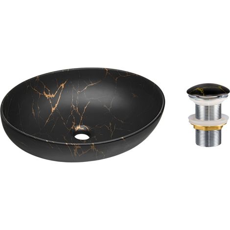 Vasque à poser ovale 52x39,5 cm noir et doré effet marbre avec bonde clic clac