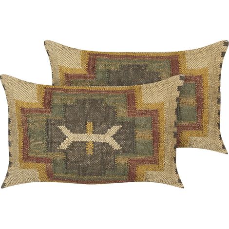 2 Coussins Déco Motif Géométrique 30 x 50 cm en Jute Coton Multicolore Pulicat