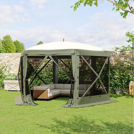Tonnelle Pliante Hexagonale 4 m avec Moustiquaire, Parois Coupe-Vent Amovibles, Montage Rapide, Abri Extérieur Jardin et Camping, Vert (1/5)
